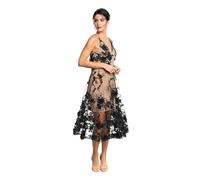 Dress the Population Women's Audrey Spaghetti Strap Midi A-line 3D Floral Dress Special Occasion, Black/Nude, M