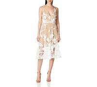 Dress the Population Women's Audrey Spaghetti Strap Midi A-line 3D Floral Dress Special Occasion, White/Nude, XL