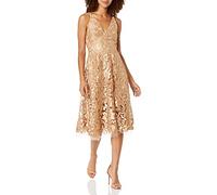 Dress the Population Women's Blair Plunging Fit and Flare Midi Dress, Gold/Nude, M