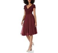Dress the Population Women's Corey Plunging Mix Media Cap Sleeve A-line Midi Dress, Burgundy, Small