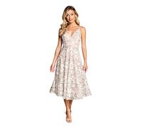 Dress the Population Women's Elisa Sleeveless Plunge Neckline Fit and Flare Midi Dress, White/Gold, Small