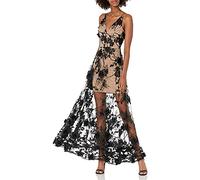 Dress the Population Women's Embellished Plunging Gown Sleeveless Floral Long Dress, Black/Nude Sidney, XL