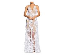 Dress the Population Women's Embellished Plunging Gown Sleeveless Floral Long Dress, White/Nude Sidney, L