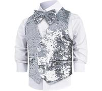 Dress Up America Sequin Vest with Bowtie - Silver Sparkly Vest for Boys - Costume Dress Up Party Sequin Waistcoat for Kids - Boys Glitter Coat