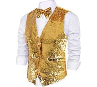 Dress Up America Sequin Waistcoat with Bowtie - Gold Shiny V-neck for Men