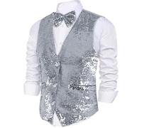Dress Up America Sequin Waistcoat with Bowtie - Silver Shiny V-neck for Men