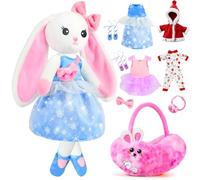 Dress Up Doll - Cuddly Bunny Ballerina Plush Toy with 2 Princess Dresses, Pyjamas Red Hooded Cape, Portable Play Bag Accessories, Role Play Gift for Girls Ages 3+ for Home, Travel Imaginative Play