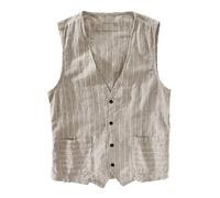 Dress Vest for Men Striped Regular Fit Casual Linen Button Down Sleeveless Suit Shirts Lightweight Business Summer Walking Waistcoat Breathable Big and Tall Work Tops Khaki