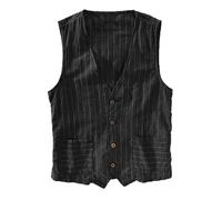 Dress Vest for Men Striped Regular Fit Casual Linen Button Down Sleeveless Suit Shirts Lightweight Business Summer Walking Waistcoat Breathable Big and Tall Work Tops Black