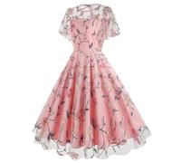 Dress with Sleeves Women's Round Neck Waist Mesh Retro Floral Embroidered Dress Dress Cocktail Dress Long Lace Dresses for Women Plus Size (Pink, XL)