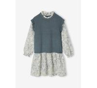 Dress with Two-in-One, Double-Fabric Effect, for Girls fir green