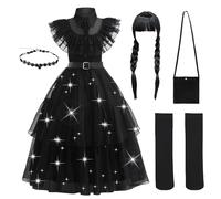Dress130 Black Gothic Dress Up Outfit for Girls, 3-11 Kids Theme Cosplay Costume Girls Party Fancy Dress Accessories with Wig Earrings Bag Socks for Carnival Halloween Party