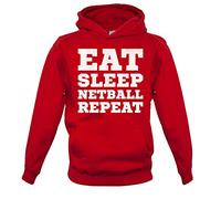 Dressdown Eat Sleep Netball Repeat - Childrens/Kids Pullover Hoodie - Fire Red - XL (9-11 Years)