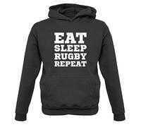 Dressdown Eat Sleep Rugby Repeat - Childrens/Kids Pullover Hoodie - Jet Black - XXL (12-13 Years)