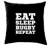 Dressdown Eat Sleep Rugby Repeat - Cushion/Pillow (with Insert) - 41 x 41cm (16)" - Black - One Size