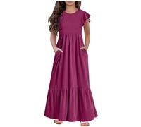 Dresses for Girls Short Sleeve Crew Neck Maxi Party Dress Solid Colour Casual Summer Dress with Pockets Clearance Wine