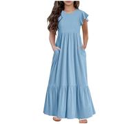 Dresses for Girls Short Sleeve Crew Neck Maxi Party Dress Solid Colour Casual Summer Dress with Pockets Light Blue