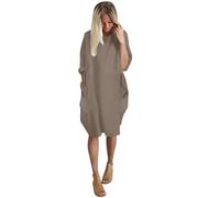 Dresses for Senior Women with Side Pockets Long Sleeve Round Neck Summer Autumn Knee Length Dresses Casual Loose Knitted Pullover Sweater Tunic Tops Basic Dress Khaki