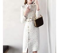Dresses For Women Fitted Elegant Women Dress Pearl Button Tweed Dress Sexy Split Long Sleeve With Belt Pencil Dress M White