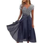 Dresses for Women Lace Chiffon Sundress V Neck Short Sleeve High Waist Prom Cloth Elegant Swing Knee Length Midi Dress Evening Party Special Occasions Going Out Streetwear