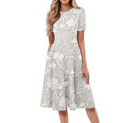 Dresses for Women, Midi Sun Dress Spring Crew Neck Beach Casual Plus Size Boho A Line Flowy Elegant Holiday Sundresses Short Sleeve Summer Swing, Beach Dresses for Women UK Beige