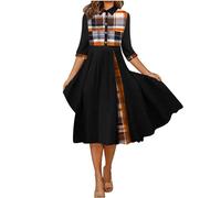 Dresses for Women Plaid Casual Shirt Dress Summer Boho Beach Dress Button V-Neck 3/4 Sleeve Midi Dresses Ladies Elegant Trendy Tunic Dresses Beach Holiday High Waist Swing Flowy Long Dresses Black