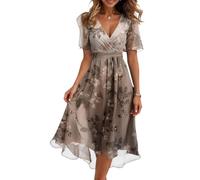 Dresses for Women Summer Print V-Neck Empire Waist Chiffon A-Line Dress Belted Elegant Flowy Dresses (Ae Light Brown,M)