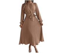 Dresses for Women Swing Long Sleeve Women Dresses Summer Knee Length Solid Color Sundress Ruffle A Line Beach Wear Tie Front Stand Collar Boho Dress Bohemian Holiday Dress Khaki