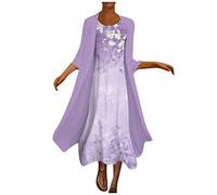 Dresses For Women Uk Black Pinafore Dress Up World Book Day Crew Neck Floral Print Chiffon 2 Piece Set Midi Office (Purple, 3Xl)