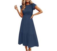 Dresses for Women UK Casual Summer Dress Long Crew Neck Ruffle Sleeve Flowy Maxi Dresses Solid Color Elastic Waist Ruched Ladies Dresses Tiered A Line Beach Holiday Sundress Clearance Blue