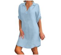 Dresses for Women UK Clearance Summer Midi Dresses Casual Loose Sundress V-Neck Solid Half Sleeve T Shirts Dress Beach Holiday Knee Length Dress Flowy Party Dresses Light Blue
