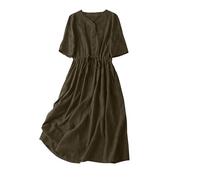 Dresses for Women UK Clearance Womens Summer Maxi Dresses Cotton V Neck Button Short Sleeve Drawstring Wedding Guest Dress Dressy Elegant Flowy Swing Beach Long Sundress