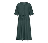 Dresses for Women UK Clearance Womens Summer Maxi Dresses Cotton V Neck Button Short Sleeve Drawstring Wedding Guest Dress Dressy Elegant Flowy Swing Beach Long Sundress