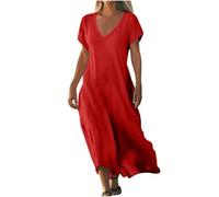 Dresses for Women UK Clearance Womens Summer Maxi Dresses V Neck Solid Color Short Sleeve Linen Long Dress Loose Swing Flowy Boho Vacation Sundress Sale Promotion