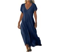 Dresses for Women UK Clearance Womens Summer Maxi Dresses V Neck Solid Color Short Sleeve Linen Long Dress Loose Swing Flowy Boho Vacation Sundress Sale Promotion