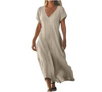 Dresses for Women UK Clearance Womens Summer Maxi Dresses V Neck Solid Color Short Sleeve Linen Long Dress Loose Swing Flowy Boho Vacation Sundress Sale Promotion