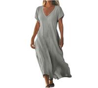 Dresses for Women UK Clearance Womens Summer Maxi Dresses V Neck Solid Color Short Sleeve Linen Long Dress Loose Swing Flowy Boho Vacation Sundress Sale Promotion