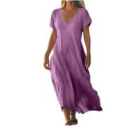 Dresses for Women UK Clearance Womens Summer Maxi Dresses V Neck Solid Color Short Sleeve Linen Long Dress Loose Swing Flowy Boho Vacation Sundress Sale Promotion