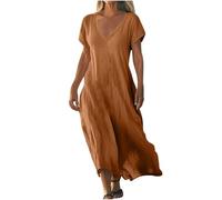 Dresses for Women UK Clearance Womens Summer Maxi Dresses V Neck Solid Color Short Sleeve Linen Long Dress Loose Swing Flowy Boho Vacation Sundress Sale Promotion