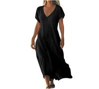 Dresses for Women UK Clearance Womens Summer Maxi Dresses V Neck Solid Color Short Sleeve Linen Long Dress Loose Swing Flowy Boho Vacation Sundress Sale Promotion