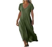 Dresses for Women UK Clearance Womens Summer Maxi Dresses V Neck Solid Color Short Sleeve Linen Long Dress Loose Swing Flowy Boho Vacation Sundress Sale Promotion