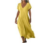 Dresses for Women UK Clearance Womens Summer Maxi Dresses V Neck Solid Color Short Sleeve Linen Long Dress Loose Swing Flowy Boho Vacation Sundress Sale Promotion