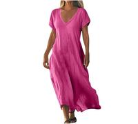 Dresses for Women UK Clearance Womens Summer Maxi Dresses V Neck Solid Color Short Sleeve Linen Long Dress Loose Swing Flowy Boho Vacation Sundress Sale Promotion