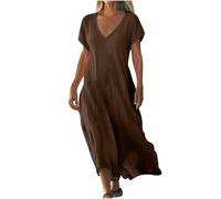 Dresses for Women UK Clearance Womens Summer Maxi Dresses V Neck Solid Color Short Sleeve Linen Long Dress Loose Swing Flowy Boho Vacation Sundress Sale Promotion