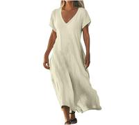 Dresses for Women UK Clearance Womens Summer Maxi Dresses V Neck Solid Color Short Sleeve Linen Long Dress Loose Swing Flowy Boho Vacation Sundress Sale Promotion