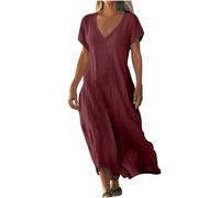 Dresses for Women UK Clearance Womens Summer Maxi Dresses V Neck Solid Color Short Sleeve Linen Long Dress Loose Swing Flowy Boho Vacation Sundress Sale Promotion