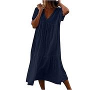 Dresses for Women UK Cotton Linen Casual Oversized Tunic Dress V Neck Short Sleeve Midi Dress Solid Color A-line Loose Dress Baggy Beach Long Dress Summer Solid Color Sundress