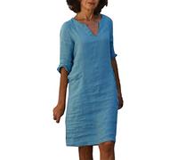 Dresses for Women UK Cotton Linen Casual V Neck Midi Dress Solid Half Sleeve Beach Dress Comfy Sundress Tunic Dress for Elderly Ladies Dresses Blue