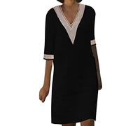 Dresses for Women UK Cotton Linen Casual V Neck Midi Dress Solid Half Sleeve Beach Dress Comfy Sundress Tunic Dress for Elderly Ladies Dresses