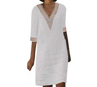 Dresses for Women UK Cotton Linen Casual V Neck Midi Dress Solid Half Sleeve Beach Dress Comfy Sundress Tunic Dress for Elderly Ladies Dresses
